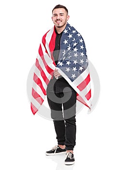 Man with American flag isolated on white background