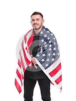 Man with American flag isolated on white background