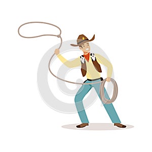 Man in American traditional costume with lasso western cartoon character vector Illustration