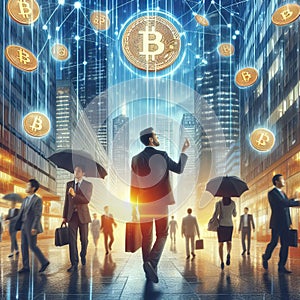 Man Amidst Bitcoin Rain in City