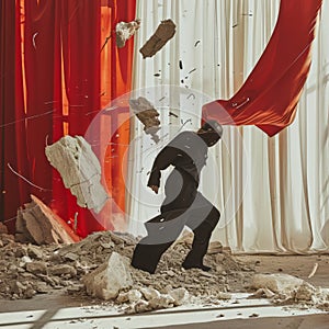 Man amongst ruins, black ninja suit, red drapes.