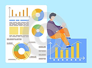 Man analysing financial plan, chart diagram graph statistic information in blocks, cartoon character