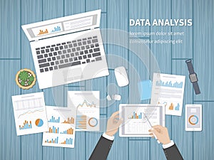 Man analyzes documents. Accounting, analytics, analysis, report, research, planning concept. Hands on the desktop hold tablet.