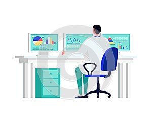 Man analyzing data on dual computer monitors, office work setting, focused on screen. Professional analyst working with
