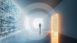 Man analyzing data on interactive visualization wall, exploring future trends and insights