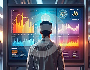 Man Analyzing Digital Data on Large Screen with Charts and Graphs