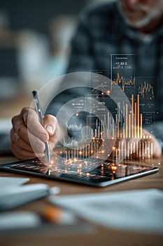 Man analyzing digital data using a tablet and stylus in modern workspace