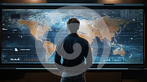 Man analyzing digital world map with global data on large screen display in modern control center