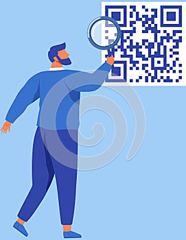 Man analyzing financial data, decoding big QR code. Person with loupe examines digital cipher