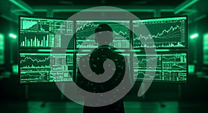 Man analyzing financial data on multiple screens