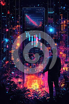 Man analyzing futuristic AI data visualization on a high-tech computer screen