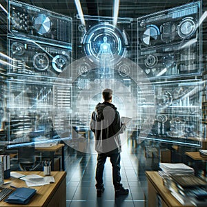 Man Analyzing Holographic Data and Humanoid Avatar in High-Tech Room