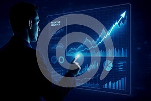 Man analyzing predictive analytics data on a futuristic digital screen with charts and graphs data analysis