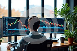 man analyzing stock market data on dual monitors in modern office