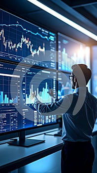 Man Analyzing Stock Market Data on Multiple Screens in Modern Office