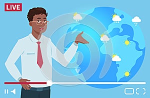 Man anchorman wheather channel vector illustration. Worldwide weather forecast concept
