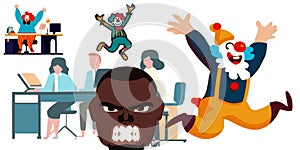 Man angry face office clowns vector graphics illustration