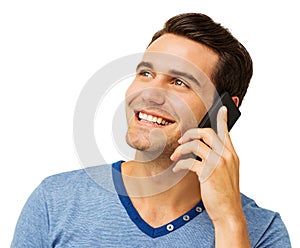 Man Answering Smart Phone Against White Background