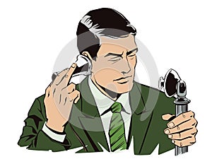 Man with antique phone. Stock illustration.