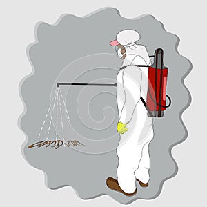 A man in an antiviral suit with an atomizer for disinfection for viral diseases such as coronavirus, sars, and Merc.