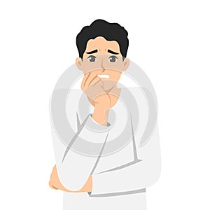 Man anxious and nervous, biting his nails and crossing his arms, depicting worry and uncertainty photo