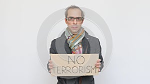 Man Appearing against Terrorism with Tablet