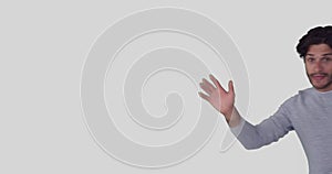 Man appearing greeting hello and disappearing on white background