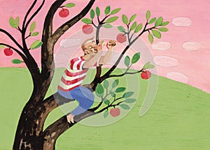 Man in apple tree