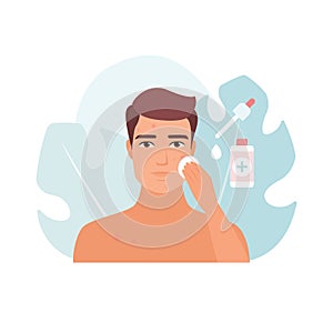 Man applying serum for puberty acne treatment, skincare hygiene