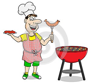 Man with apron grilling steak and sausages