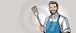 A man in an apron, holding a paint brush with a smile
