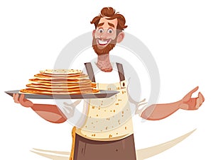 Man in apron holding a plate of pancakes. Flat illustration for web. White background