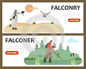 Man and Arab with hawking glove and falcon on nature landscape forest or desert, vector Falconry landing pages set