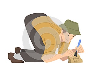 Man Archaeologist with Brush Working on Excavations in Search of Archaeological Remains Vector Illustration