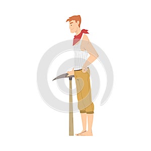 Man Archaeologist with Pickaxe Working on Excavations in Search of Archaeological Remains Vector Illustration