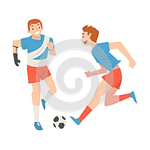 Man with Arm Prosthesis Playing Soccer with His Friend, Active Amputee Man Training with Soccer Ball, Friendship and