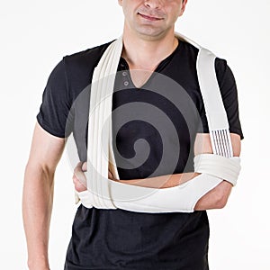 Man with Arm Supported in Sling in White Studio