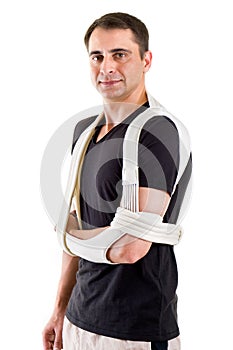 Man with Arm Supported in Sling in White Studio