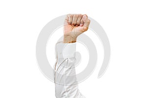 Man arm with white shirt and clenched fist isolated on white background