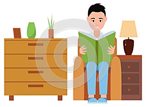Man in Armchair at Home, Reading Books Vector