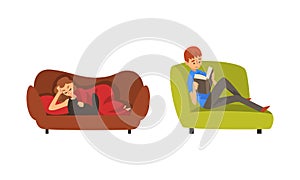 Man in Armchair Reading Book and Woman Lying on Sofa Stroking Cat Pet Staying Home Vector Set