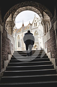 A man arriving at the Fisherman's Bastion at the heart of Buda's Castle District in Budapest, Hungary