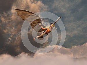 Man with artificial wings flying among the clouds