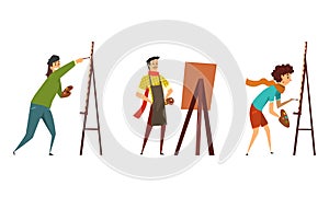 Man Artist Painting on Canvas or Paper with Drawing Easel Using Brush Vector Set. Male Creating Visual Art Applying