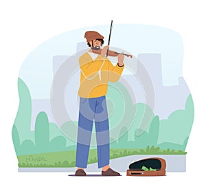 Man Artist Playing Violin On City Street Background. Male Pop or Classic Musician Character Virtuoso Music Player