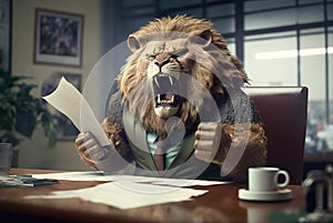 Man as lion is furious in office, mad strong boss with head of animal, generative AI