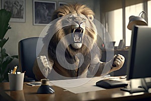 Man as lion is furious in office, mad strong boss with head of animal, generative AI