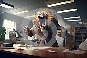 Man as lion is furious in office, mad strong manager with head of animal, generative AI