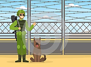 Man as Military Special Force in Uniform and Rifle Standing with Shepherd Dog Vector Illustration