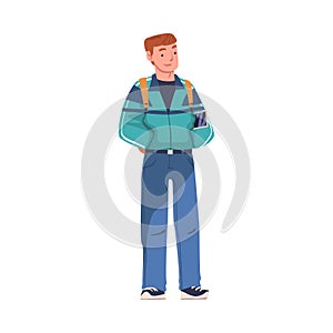 Man as Modern University Student Standing with Backpack Vector Illustration
